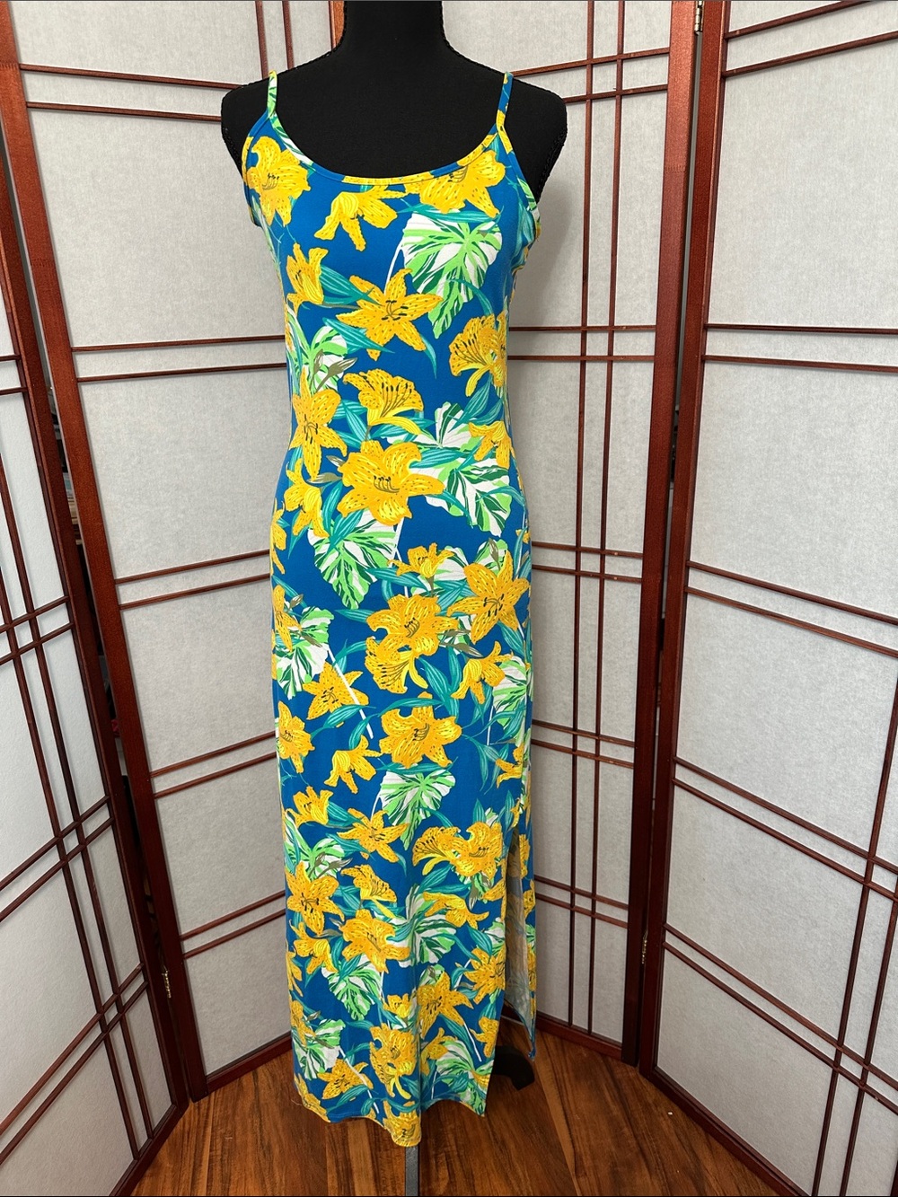 Blue & Yellow Floral Maxi Dress - Sleeveless Spaghetti Strap
